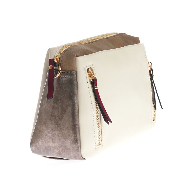 Geanta crossbody crem cu fermoare decorative si bareta ajustabila