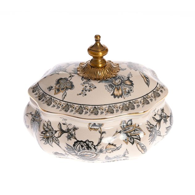 Bol vintage decorativ din ceramica cu capac si detalii florale aurii 22 cm