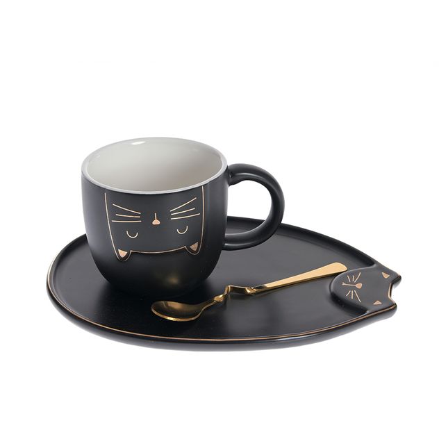 Set ceasca neagra cu farfurie si lingurita, model pisica