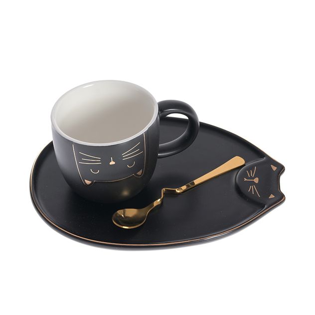 Set ceasca neagra cu farfurie si lingurita, model pisica