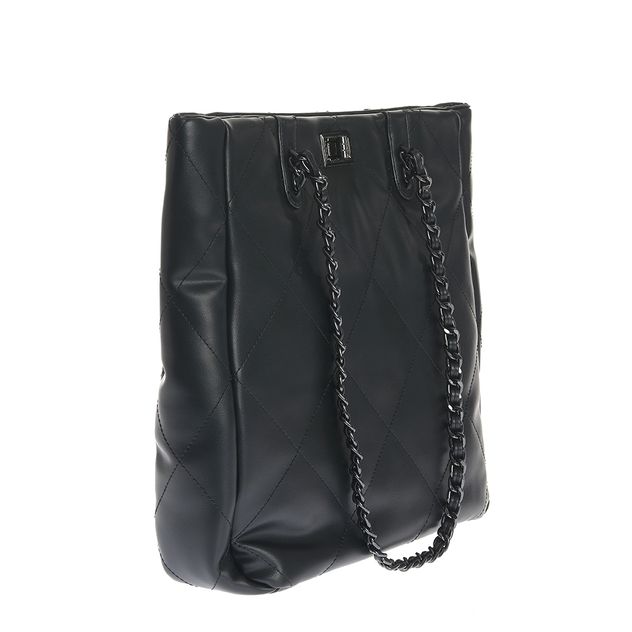 Geanta eleganta neagra matlasata cu manere metalice