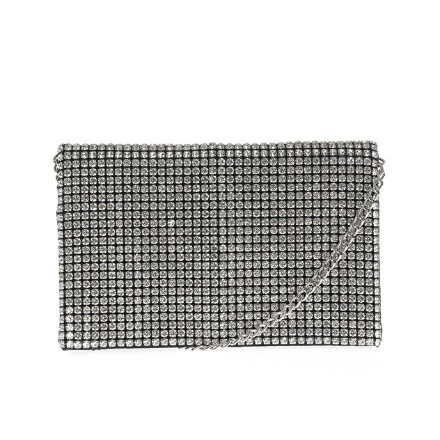 Clutch argintiu cu strasuri si lant metalic detasabil