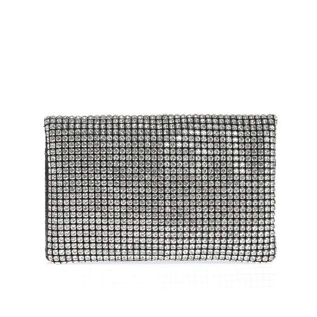 Clutch argintiu cu strasuri si lant metalic detasabil