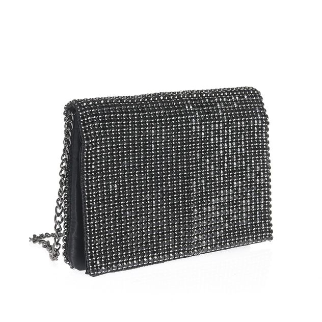 Clutch negru cu strasuri fine si lant metalic elegant