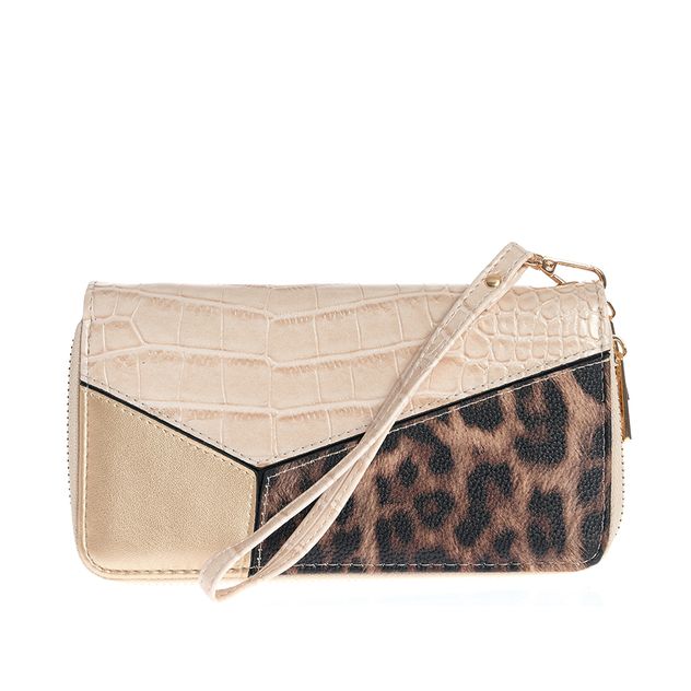 Portofel crem cu textura croco si detalii animal print