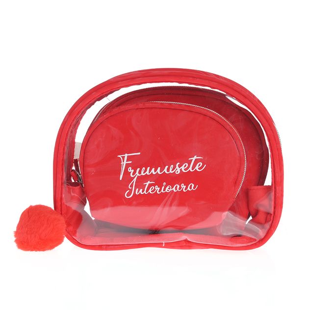 Set 3 genti cosmetice rosii cu imprimeu text