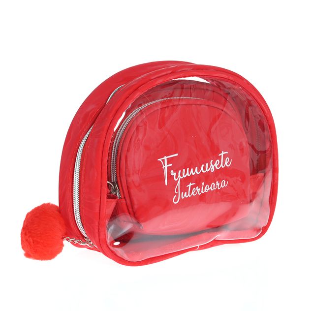 Set 3 genti cosmetice rosii cu imprimeu text