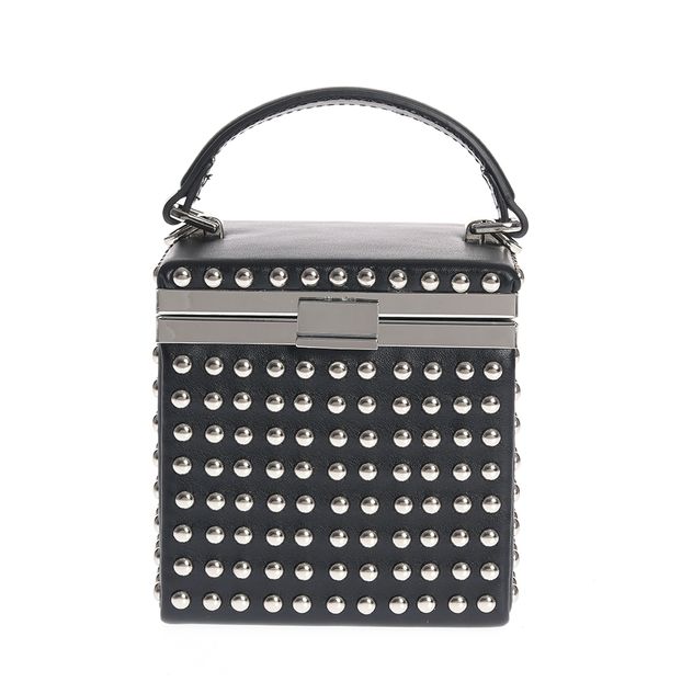 Geanta de seara neagra cu design patrat si accesorii metalice