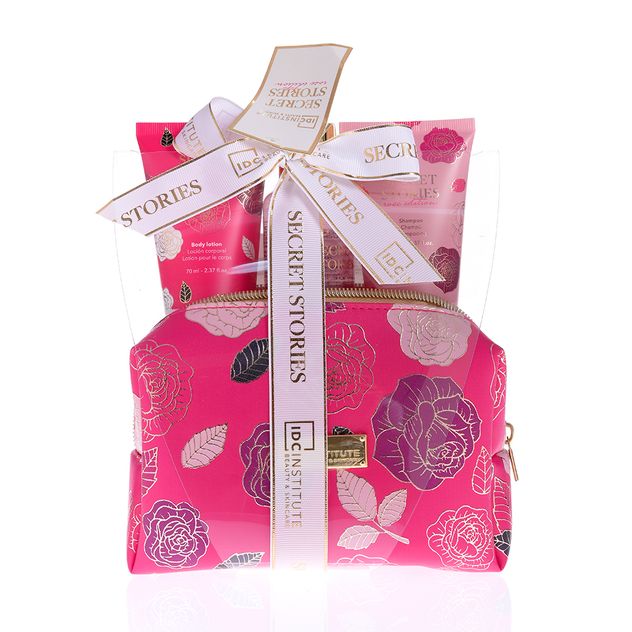 Set 3 produse cosmetice cu trandafir si portfard roz