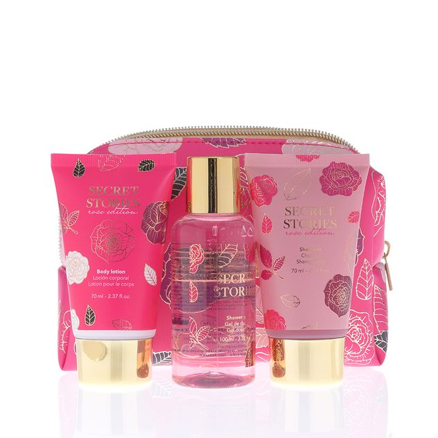 Set 3 produse cosmetice cu trandafir si portfard roz