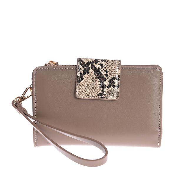 Portofel taupe elegant cu detaliu animal print si inchidere practica