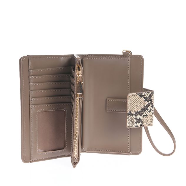 Portofel taupe elegant cu detaliu animal print si inchidere practica
