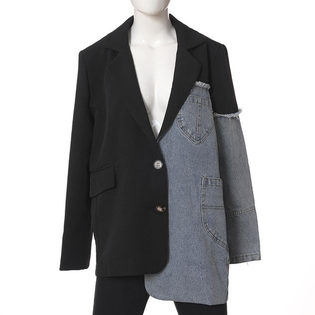 Sacou negru cu insertii denim si design asimetric