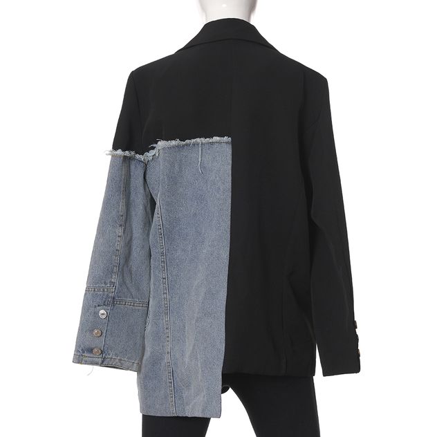 Sacou negru cu insertii denim si design asimetric