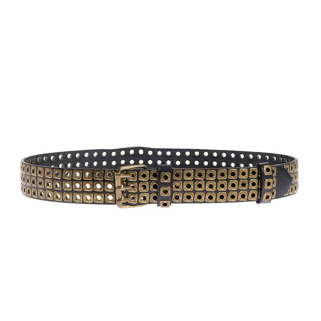 Curea fashion neagra cu aplicatii metalice aurii