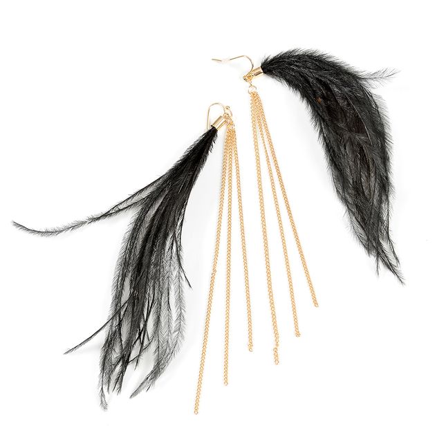 Cercei lungi cu pene negre si lanturi aurii