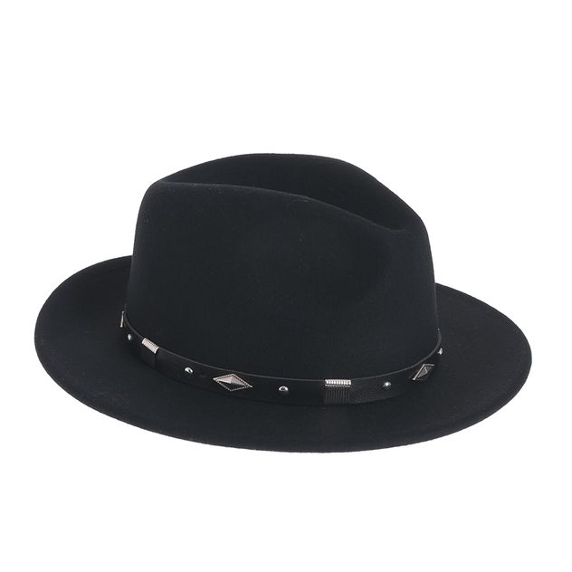 Palarie fedora neagra cu banda decorata si tinte metalice