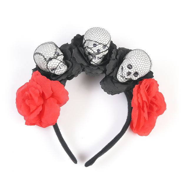 Bentita Halloween cu cranii si flori rosii