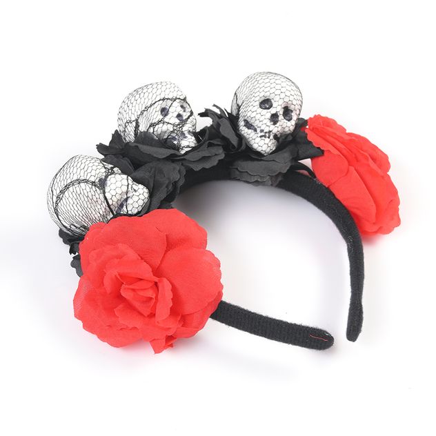 Bentita Halloween cu cranii si flori rosii