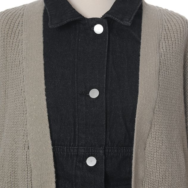 Jacheta lunga gri cu insertii denim negre