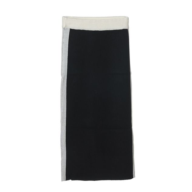 Fusta eleganta neagra cu dungi albe si talie elastica
