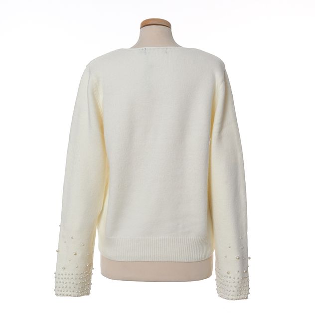 Pulover alb elegant cu perle aplicate pe maneci