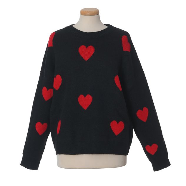 Bluza tricotata neagra cu imprimeu inimioare rosii