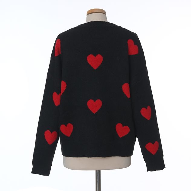Bluza tricotata neagra cu imprimeu inimioare rosii
