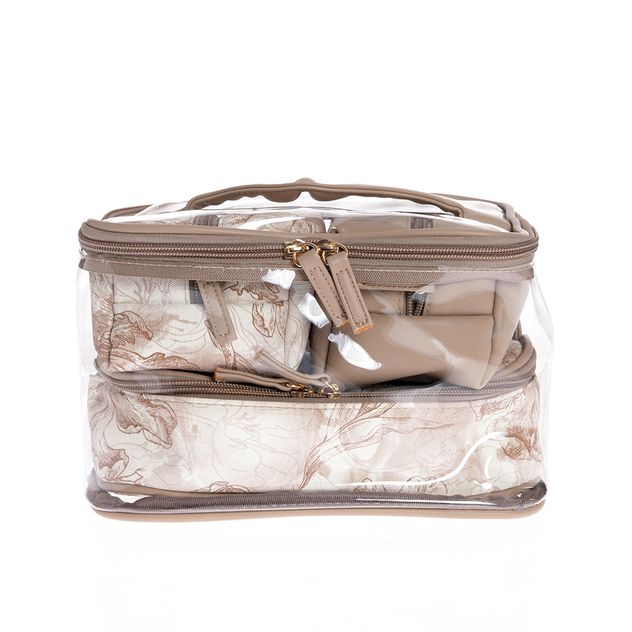 Set 4 genti cosmetice bej cu imprimeu floral si husa transparenta