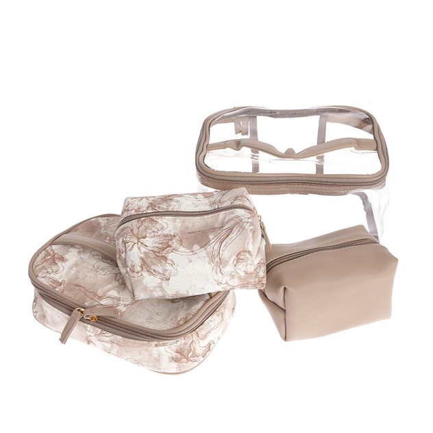 Set 4 genti cosmetice bej cu imprimeu floral si husa transparenta