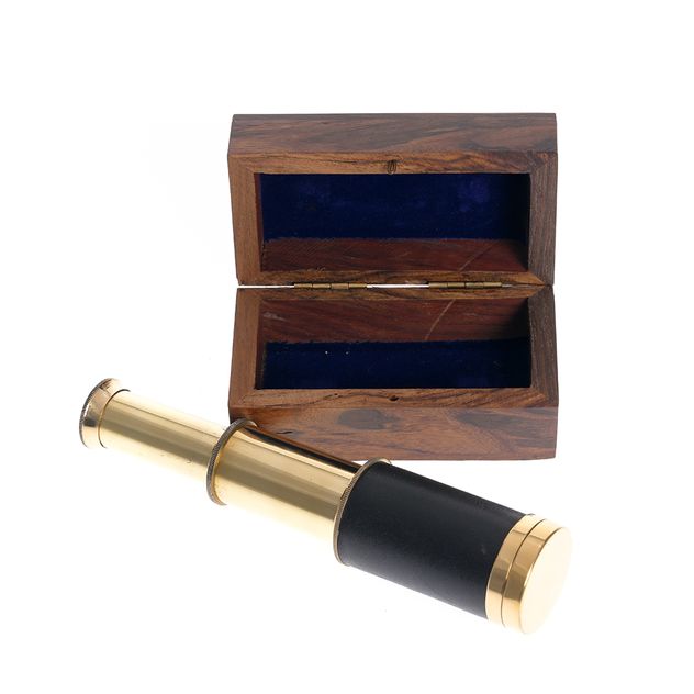 Telescop decorativ extensibil din alama cu cutie lemn