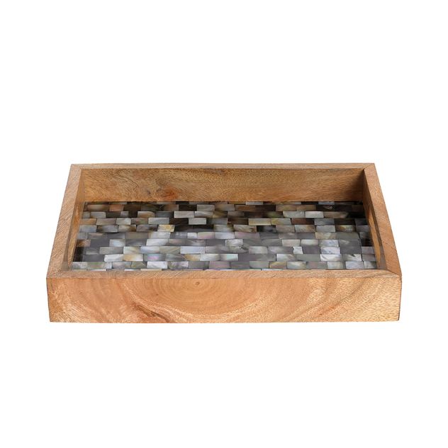 Tava din lemn cu insertii sidef, design mozaic, 30 cm