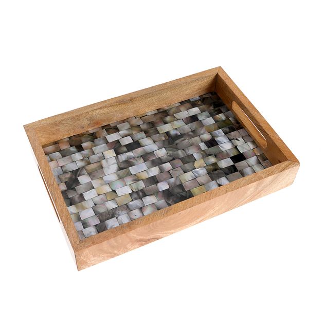 Tava din lemn cu insertii sidef, design mozaic, 30 cm