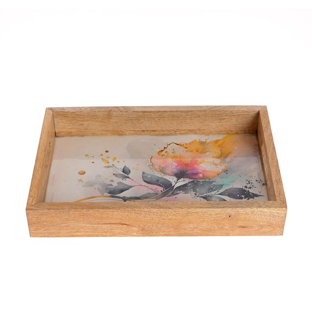 Tava din lemn cu baza ilustrata floral in stil acuarela, 30 cm
