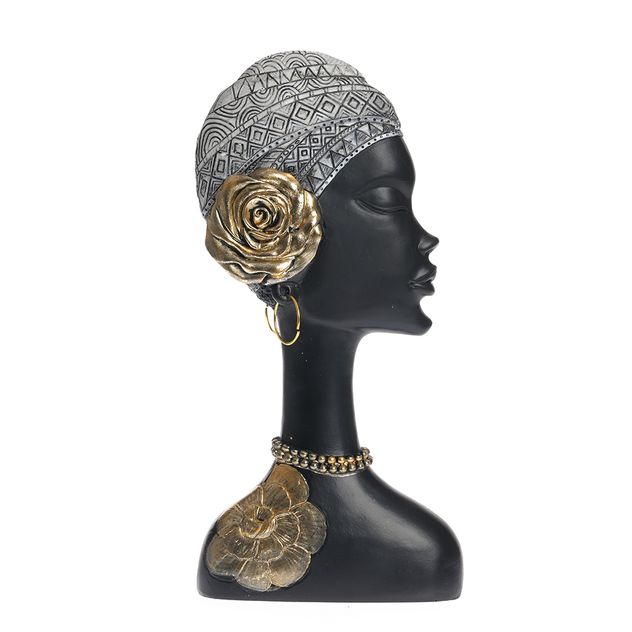 Statueta decorativa bust elegant cu floare aurie si turban, 35 cm