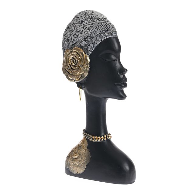 Statueta decorativa bust elegant cu floare aurie si turban, 35 cm