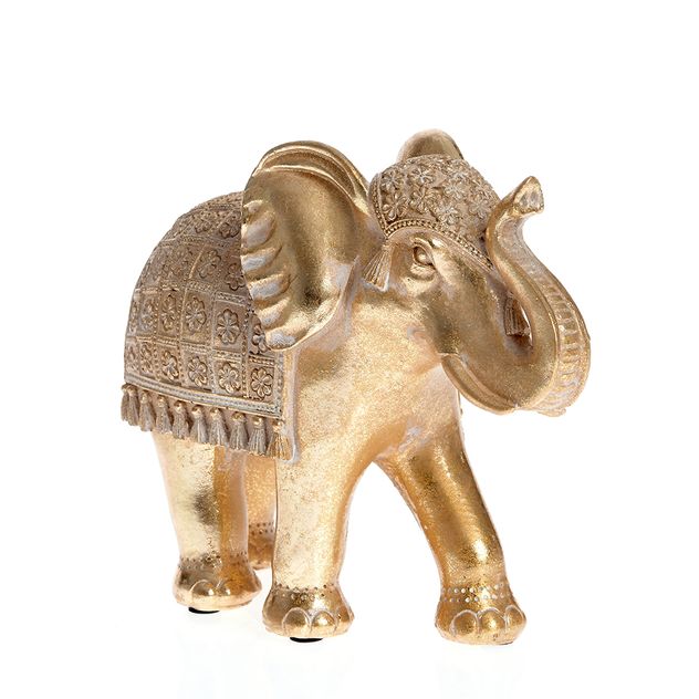 Statueta decorativa elefant auriu cu detalii orientale, 20 cm