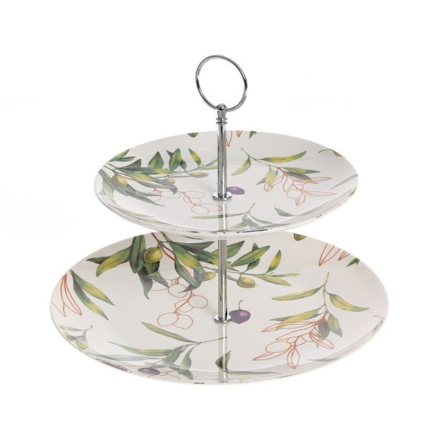 Etajera ceramica 2 nivele, decor masline si frunze
