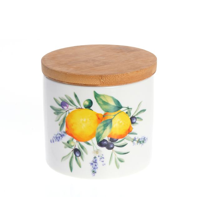 Borcan ceramic 400 ml cu capac bambus, model lamai si masline