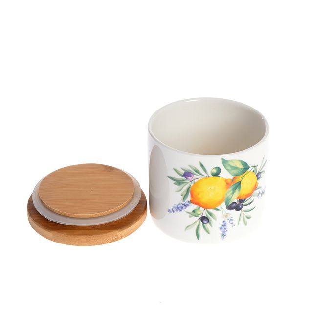 Borcan ceramic 400 ml cu capac bambus, model lamai si masline