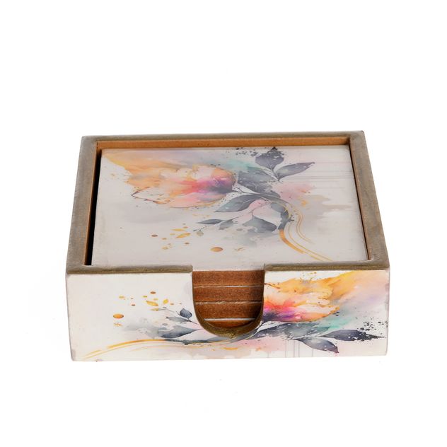 Set 4 suporturi pahare cu flori acuarela si cutie, 12 cm