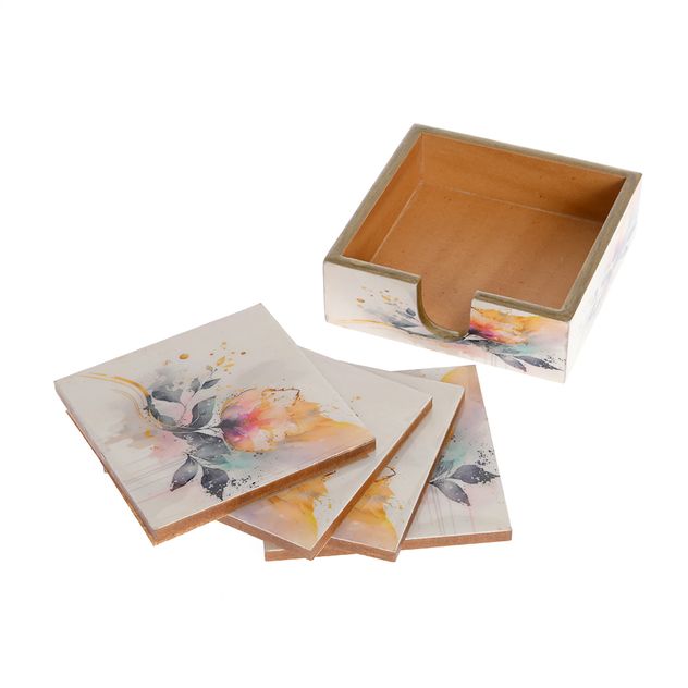 Set 4 suporturi pahare cu flori acuarela si cutie, 12 cm