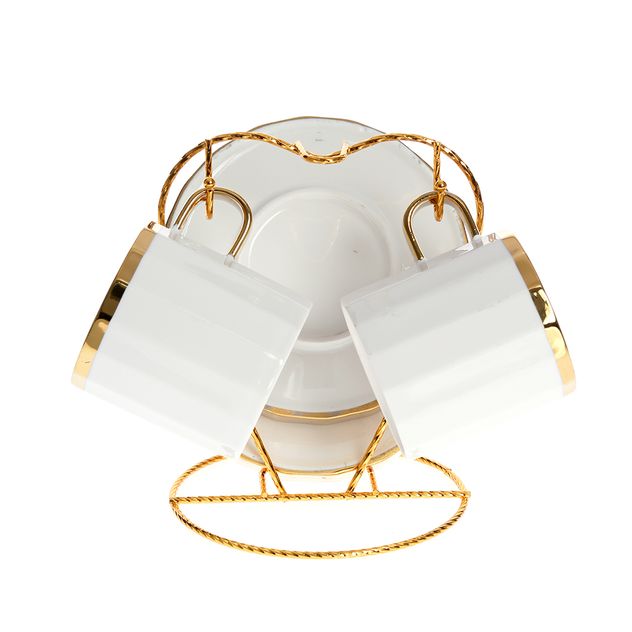 Set 2 cesti 200 ml cu farfurii si suport auriu, design elegant