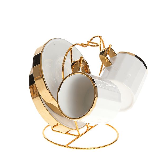 Set 2 cesti 200 ml cu farfurii si suport auriu, design elegant