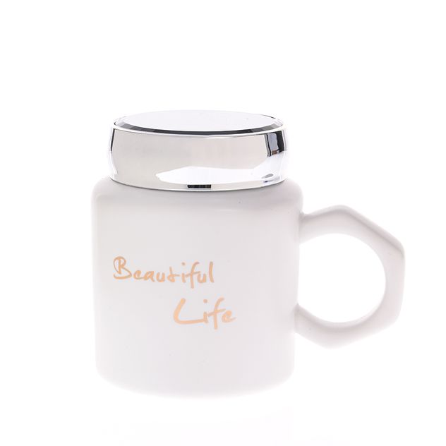 Cana ceramica alba cu capac metalic si mesaj „Beautiful Life”, 400 ml