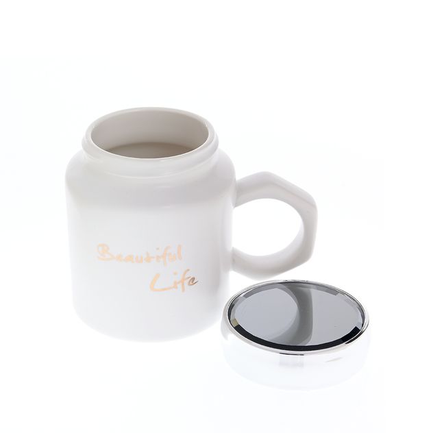 Cana ceramica alba cu capac metalic si mesaj „Beautiful Life”, 400 ml
