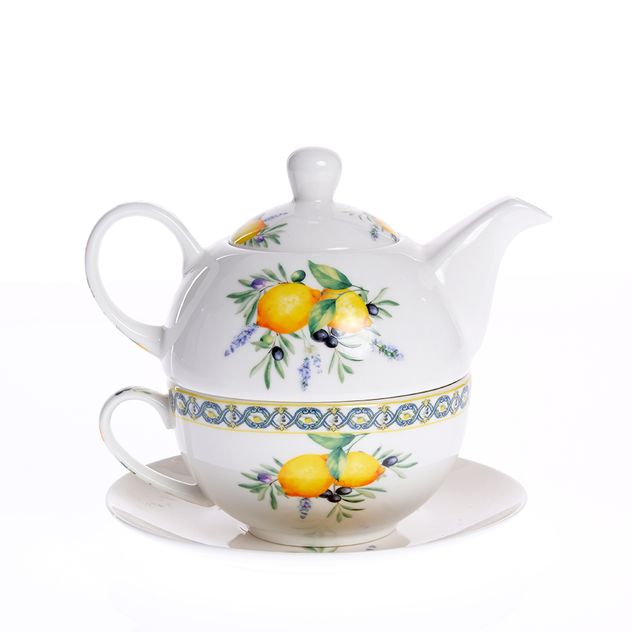 Set ceainic cu ceasca si farfurioara din portelan, imprimeu masline 450 ml / 240 ml