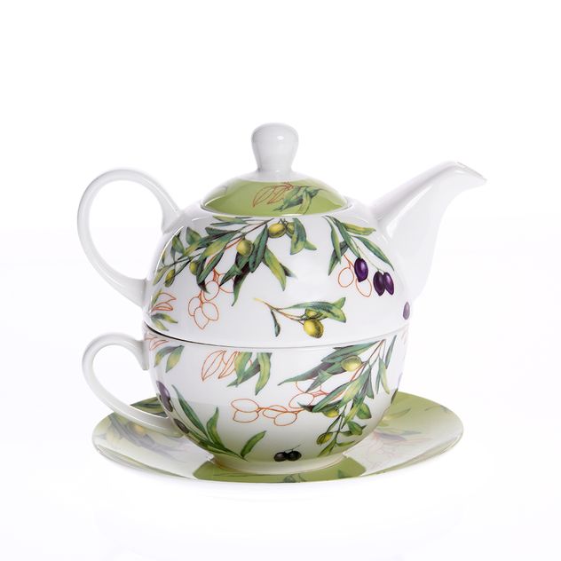 Set ceainic cu ceasca si farfurioara din portelan, imprimeu masline, 450 ml
