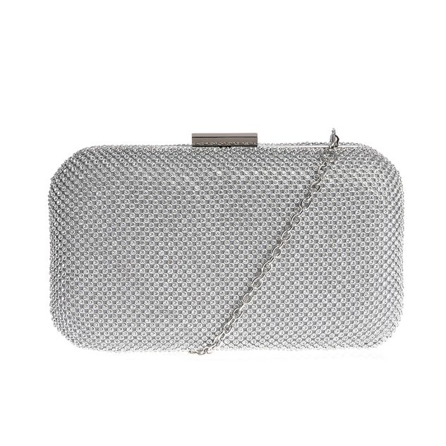 Clutch argintiu cu pietre si lant metalic