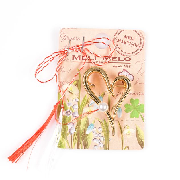 Brosa martisor inima aurie cu perla alba